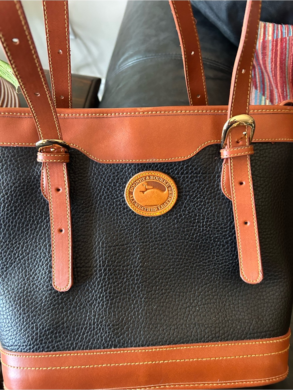 Dooney & Bourke All Weather Black Pebbled Leather Tote with Tan Trim